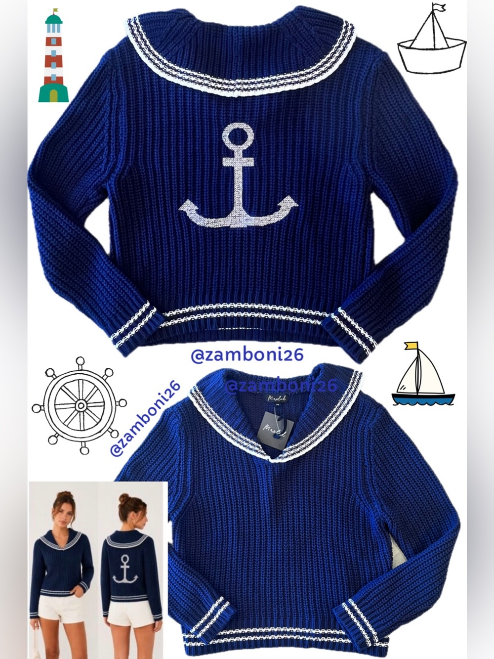 NWT Marled Sailor Collar Anchor Evening Blue Cotton Knit Sweater Large